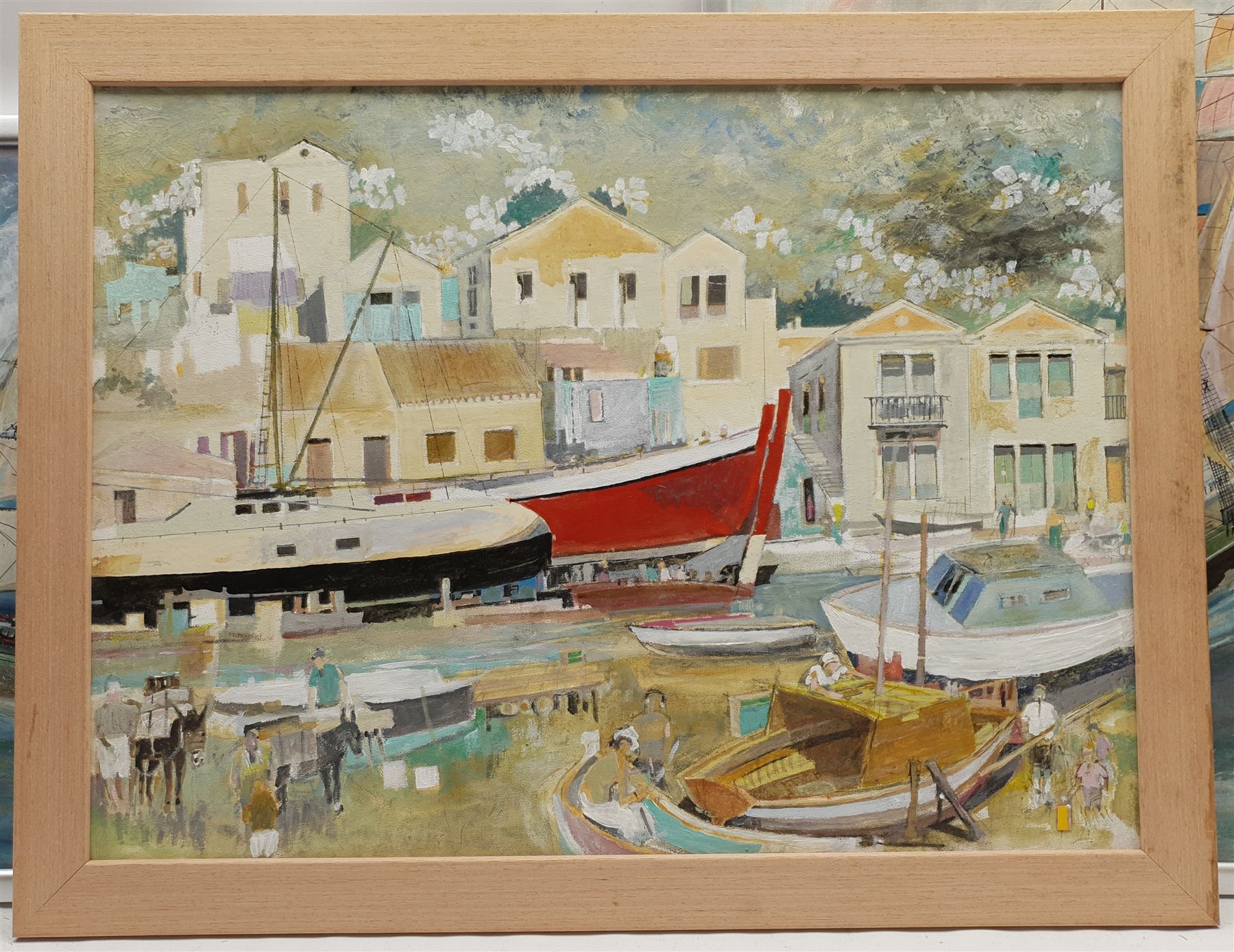 John Squire (British Contemporary): Figures and Donkeys on the Seafront, oil on canvas board signed, together with two similar oils and a mixed media by the same hand, max 65cm x 50cm (4)