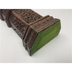 Carved wooden pocket watch holder/stand, in the form of a clock tower, with carved floral design and domed top, H36cm