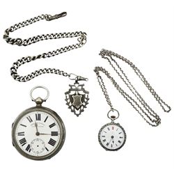 Edwardian silver open face lever pocket watch, No. 726933, case hallmarked Chester 1903, ladies silver fob watch, on silver belcher chain and a silver watch chain with fob