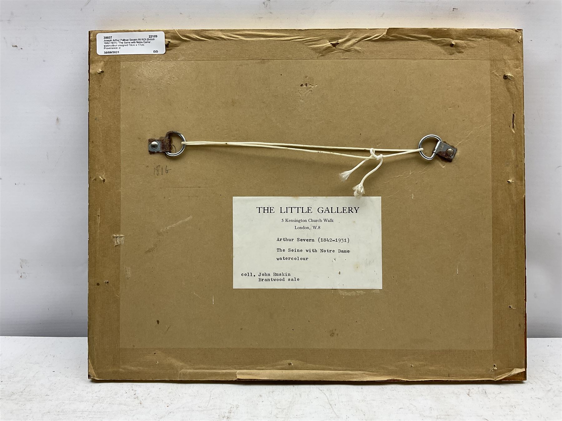 Joseph Arthur Palliser Severn RI ROI (British 1842-1931): 'The Seine with Notre Dame', watercolour unsigned 10cm x 17cm
Provenance: deceased estate; with The Little Gallery, 5 Kensington Walk, London; Brantwood contents sale after the death of Arthur Severn in 1931; the John Ruskin (1819-1900) collection, label verso