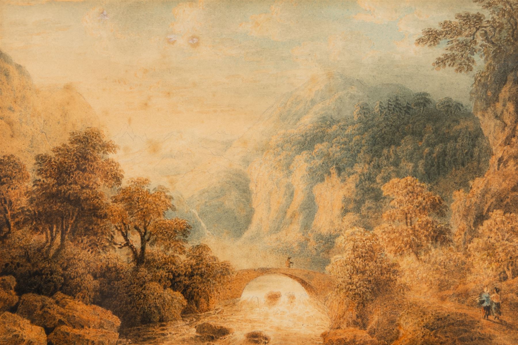 William Crouch (British fl.1817-1840): River Landscape with Distant Mountain and Lush Forest, watercolour unsigned 10cm x 15cm