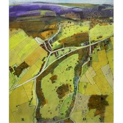 Russell Lumb (British 1946-): 'Ruston' near Scarborough, mixed media semi-abstract map titled signed with monogram and dated '15, artist's address label verso 34cm x 29cm