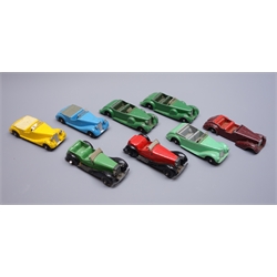  Dinky - eight unboxed and playworn early die-cast models of open touring sports cars including Lagonda (2), Sunbeam-Talbot (2), Armstrong Siddeley, Alvis etc  