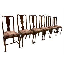 Mixed set of twelve early 20th century mahogany Queen Anne style dining chairs, all with shaped vase backs and cabriole front supports, matching drop-in seats upholstered in tartan patterned fabric