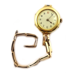  18ct gold Swiss gold 15 jewels wristwatch, London import marks 1912 on rose gold expandable strap, stamped 15ct   
