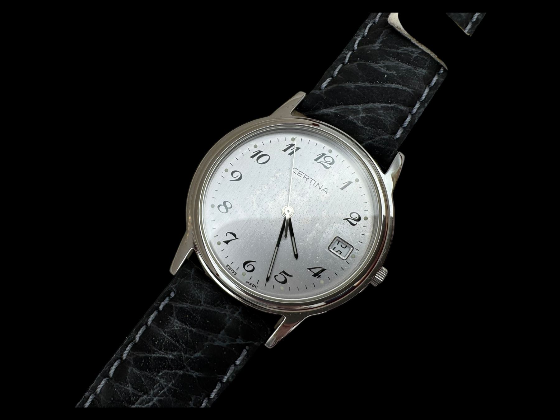 Silver bangle and silver cheroot holder case, Majorica faux pearls with silver clasp, Swarovski ring and a Certina wristwatch