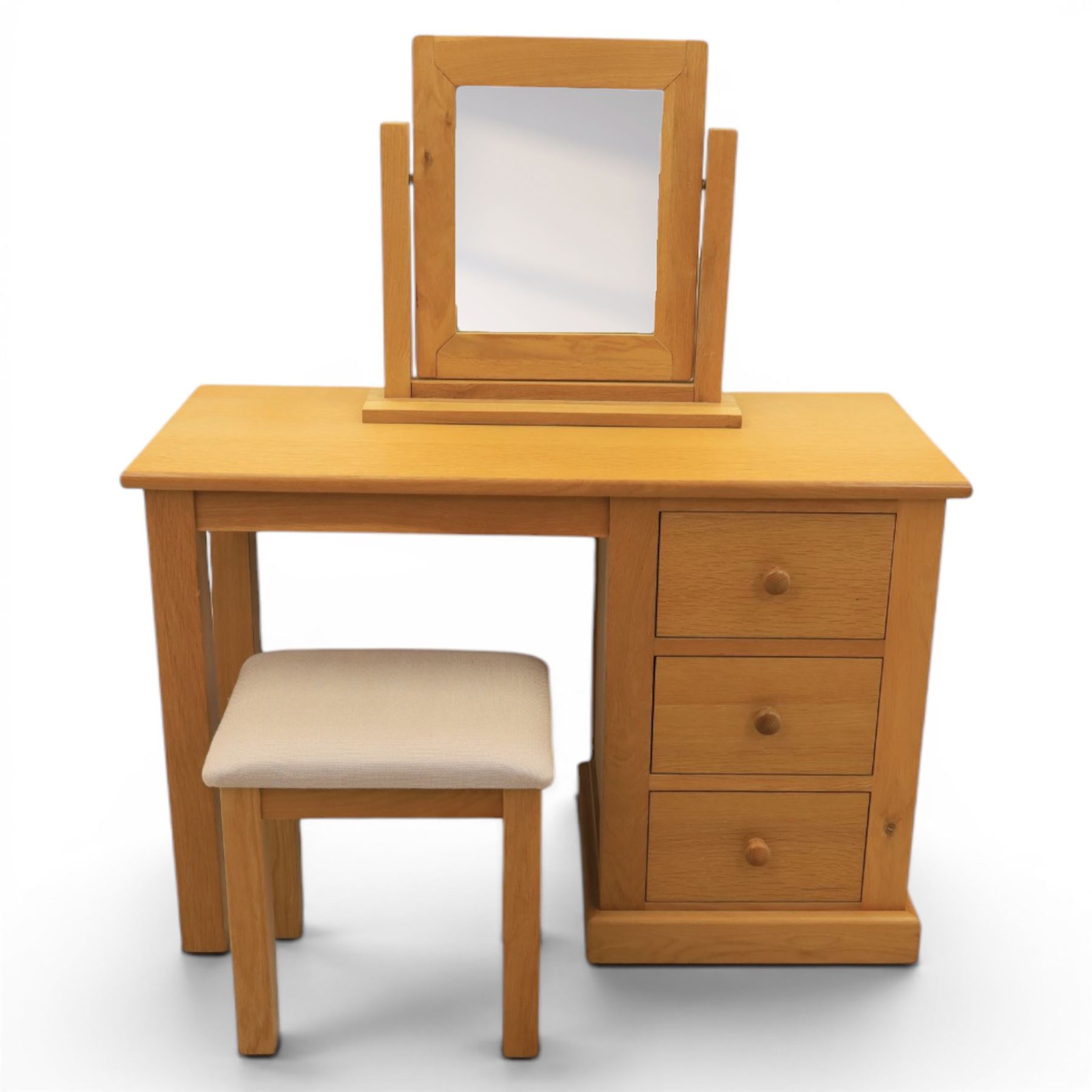 Contemporary oak dressing table, fitted with three drawers, with corresponding mirror and stool
