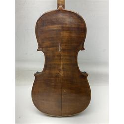 Chinese Parrot violin with 35.5cm two-piece back; L59.5cm in carrying case; and early 20th century German violin for restoration; bears label 'Antonius Stradivarius Faciebat Anno 1730'; cased with bow (2)