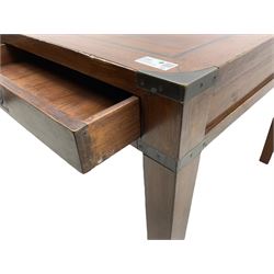 20th century military campaign design oak office or dining table, rectangular top with ebony banding and metal mounted corners, fitted with six drawers with recessed handle plates, on square tapering supports