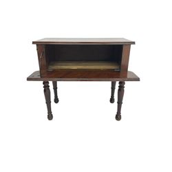 19th century walnut drop leaf side table, rectangular top with reeded edge, fitted with secret compartment with button action, leaf functions as hinged door enclosing cupboard, raised on turned supports
