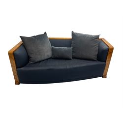 Thörmer Polstermöbel - Art Deco style sofa, of curved tapering form, framed in figured burr elm, upholstered in blue fabric with loose cushions