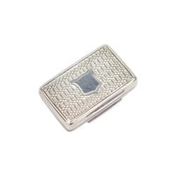 William IV silver vinaigrette, of rectangular form with engine turned decoration to hinged cover, opening to reveal gilt interior with engraved hinged compartment, hallmarked Francis Clark, Birmingham 1838, L3.5cm