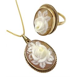 9ct gold flower design cameo ring and matching pendant, on 18ct gold chain, all hallmarked