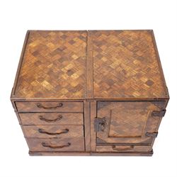 19th century Japanese parquetry scholars box, the left side opening to reveal two further drawers 