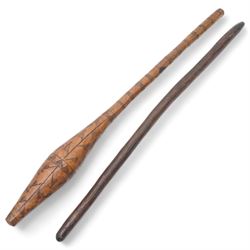 Aboriginal club with bulbous end carved with small triangular motifs L73cm and an Aborigin...