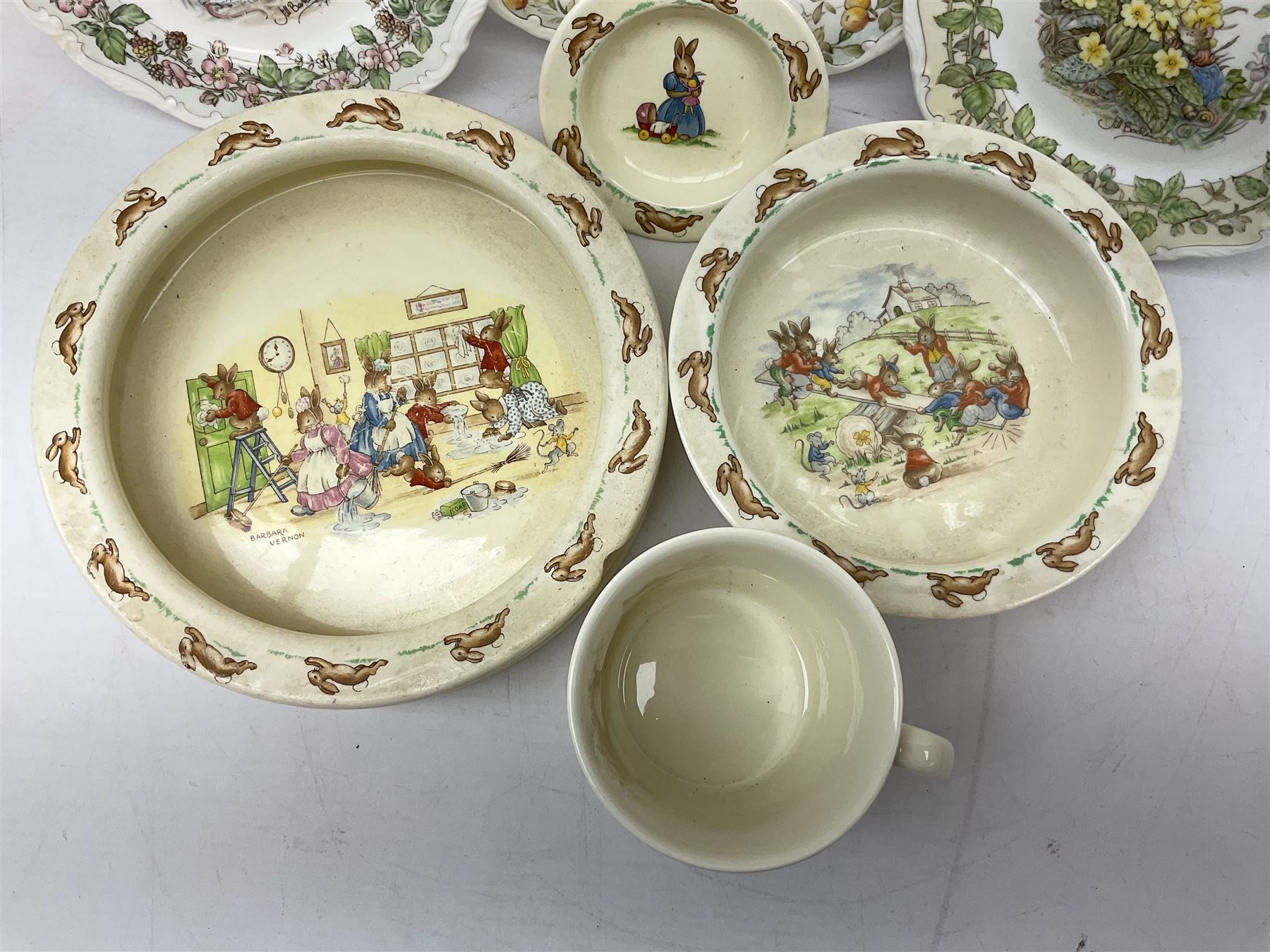 Royal Doulton Brambly Hedge plates comprising Crabapple Cottage, Spring and Summer, together with Royal Doulton Bunnykins nursery plate, bowl, cup etc
