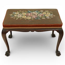 Georgian style mahogany dressing stool, rectangular upholstered top embroidered with a flo...