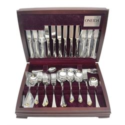 Oneida four place setting canteen of stainless steel cutlery, in a mahogany case 