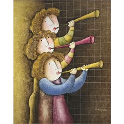 J Roybal (British 1955-): Children Playing Trumpets and Children Playing Violin and Trumpet, pair oils on canvas signed 60cm x 50cm (2)