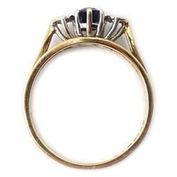  Gold three stone sapphire and diamond ring, hallmarked 9ct  