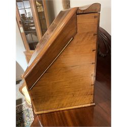 19th century burr walnut correspondence box, the sloped front opening to reveal a fitted interior with perpetual calendar, letter racks, and pen tray between two inkwell recesses, above a pull out draw with recessed brass handle, H41cm L40.5cm D28.5cm