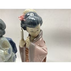 Three Lladro Japanese figures, comprising Sayonara no. 4989, Chrysanthemum no. 4990 and Madame Butterfly no. 4991, largest H30cm