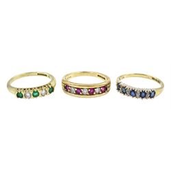 Gold emerald and diamond five stone ring, ruby and diamond seven stone ring and a sapphire and diamond ring, all hallmarked 9ct