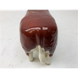 Three Beswick models comprising Hereford Bull no 949, 'CH Cutmil Cupie' Pug, and bay Shire horse, all with printed marks beneath