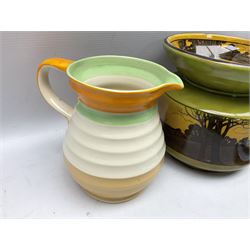 Royal Doulton wide rimmed jardinière, together with two Royal Doulton jugs, Arthur Wood jugs etc