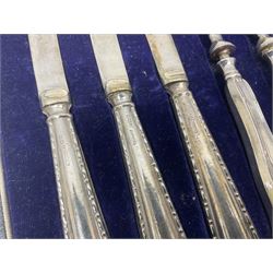 Cased set of six silver handled dessert knives and forks, hallmarked 