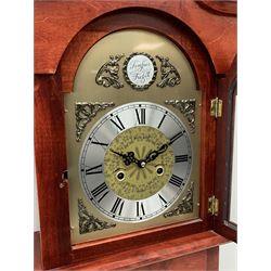 Contemporary stained beech longcase clock, Roman dial signed 'C. Wood & Son', 31-day twin train driven movement striking the hours and half on rods