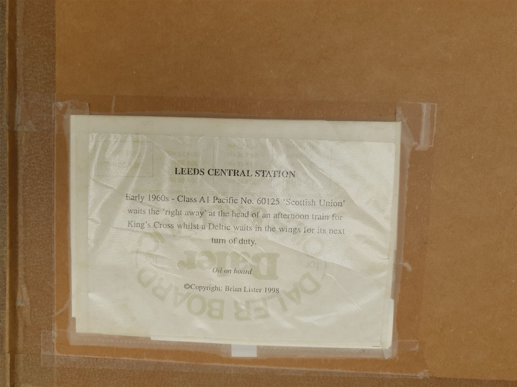 Brian Lister (British 20th century): Locomotive 'Scottish Union' 60125 Leaving Leeds Central Station, oil on board unsigned, label verso 50cm x 66cm