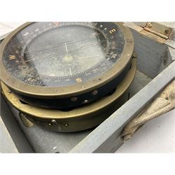  WWII period Type P10 aircraft compass, 16.5cm diameter brass rim marked “Type P10” and “No 1130B”, spring mounted onto brass base with Air Ministry plate marked “Crown A.M. No 6A.1671”; in original grey painted wooden box