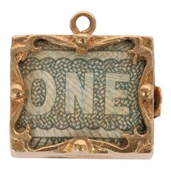 Two 9ct gold money box pendant / charms, hallmarked
