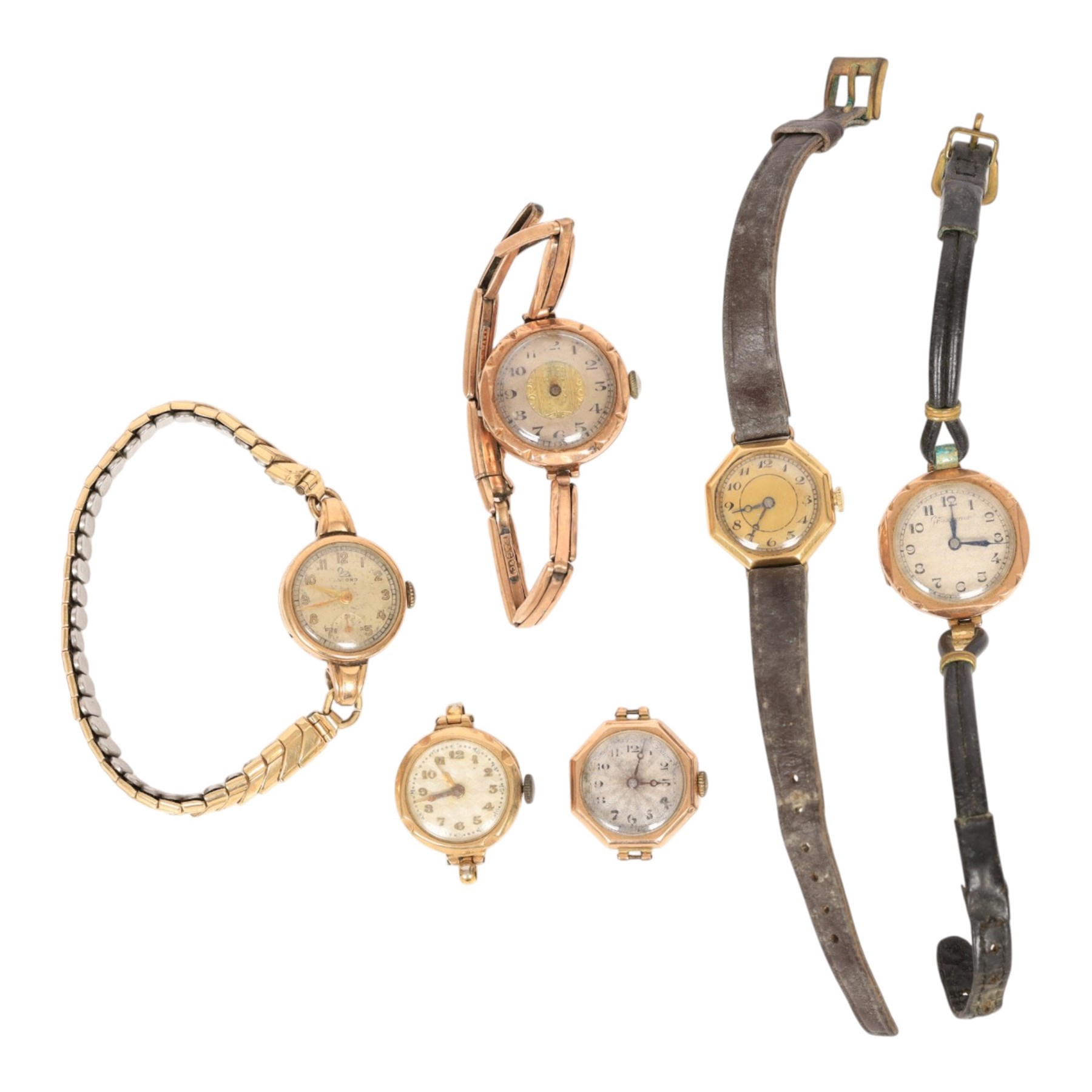 Five 9ct gold manual wind wristwatches, one on a 9ct rose gold expanding bracelet and an 18ct gold manual wind wristwatch, on brown leather strap