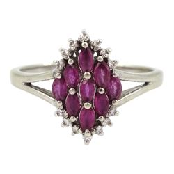 9ct white gold marquise cut ruby and diamond ring, hallmarked