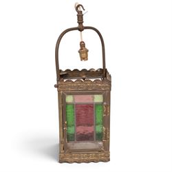 Victorian brass and stained glass hall lantern, H47cm
