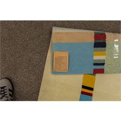Rugs by Design - ‘Sand Bar’ Nepalese thick pile wool rug, with abstract horizontal bands in cream, blue, camel and dark brown tones, centred by a narrow multicoloured vertical stripe