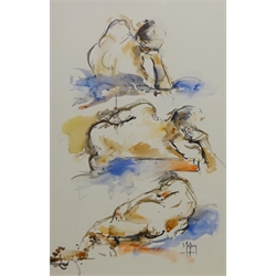  'Male Nude Studies', watercolour signed by David Jeffery (British 1944-) titled verso 48cm x 31cm  