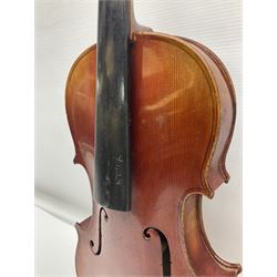 Late 19th century French three-quarter size 'Conservatory' violin with 34cm two-piece maple back and ribs and spruce top, the peg box inscribed 'Conservatory Violin Straduari', bears label 'Antonius Stradiuarius Cremonensis Faciebat Anno 1721' L55.5cm overall; in ebonised wooden 'coffin' case; and Saxony violin c1900 with 36cm two-piece maple back and ribs and spruce top; bears label 'Antonius Stradivarius Cremonensis Faciebat Anno 17**' L59cm overall; in carrying case (2)
