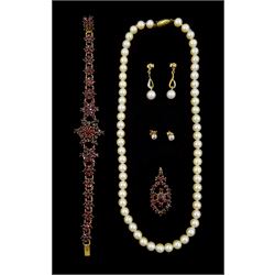 Two pairs 9ct gold stud earrings including pearl and diamond chip and cubic zirconia, single strand cultured pearl necklace, with 9ct gold clasp, gilt bohemian garnet bracelet and similar pendant