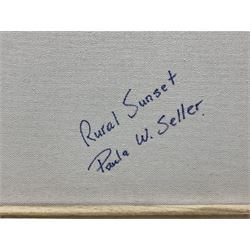 Paula Seller (Northern British Contemporary): 'Rural Sunset', acrylic on canvas signed with monogram and dated 2021, titled verso 41cm x 51cm (unframed)