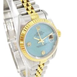 Rolex Oyster Perpetual DateJust ladies stainless steel and gold automatic wristwatch, circa 1999, Ref. 79173, serial No. A854711, blue jadeite dial with diamond dot hour markers at 6 and 9 o'clock, on Rolex Jubilee stainless steel and gold bracelet, with fold-over clasp, boxed with papers and additional links