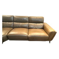 San Antonio six-seat corner reclining sofa, upholstered in pecan leather, modular design with battery-operated reclining function, supportive backrests and deep seat cushions, on chrome supports