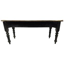 Victorian pine farmhouse dining table, rectangular plank top on painted base, fitted with two end drawers, on turned supports 