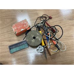 Six shelved cabinets for displaying ‘00’ gauge locomotives comprising plain plywood and white painted examples with track applied to various shelves, largest H63cm, W107cm, D27cm; Collection of tools for building model locomotives to include Weller PU-2D Soldering Pencil and Standard Tip Soldering Iron 20W/230V, Humbrol Modellers Airbrush, Power Supply Units and two wooden chests one of which housing a collection of tools including tweezers, scalping tools, wrenches etc 