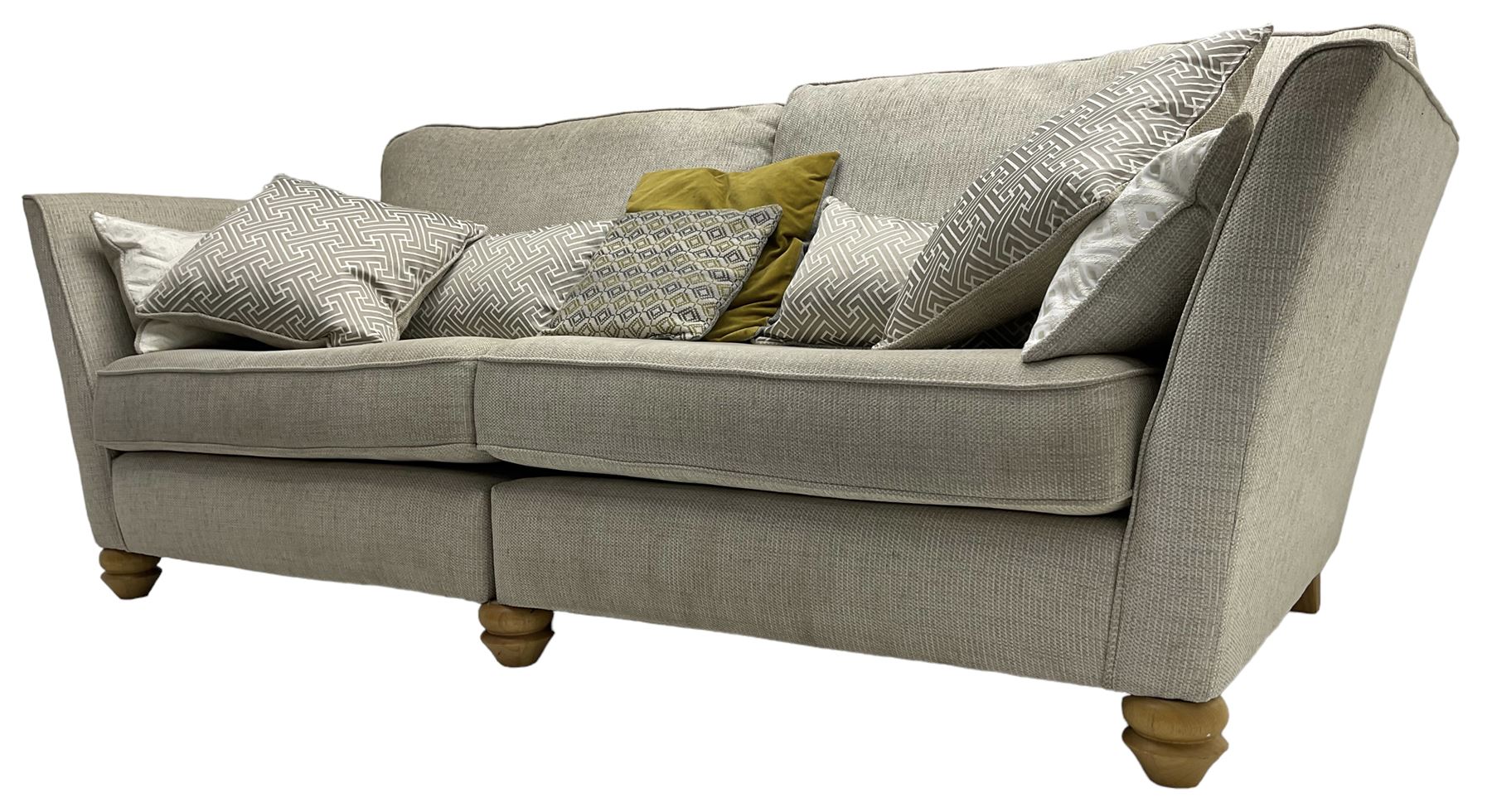 Oak Furnitureland - three-piece lounge suite upholstered in grey fabric, large three-seat sofa (W238cm, D106cm), two-seat sofa (W209cm), and snuggler sofa (W129cm)