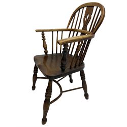 19th century ash and elm Windsor armchair, low stick back with shaped and pierced splat, on turned supports joined by crinoline stretchre