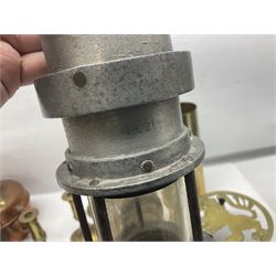 Collection of brassware, to include two jardinieres, candle sticks, brass shell, etc