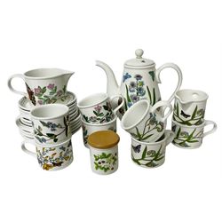 Portmeirion The Botanic Garden pattern ceramics, to include coffee pot, jar, five mug trios, mug and saucer, two jugs and a spice jar